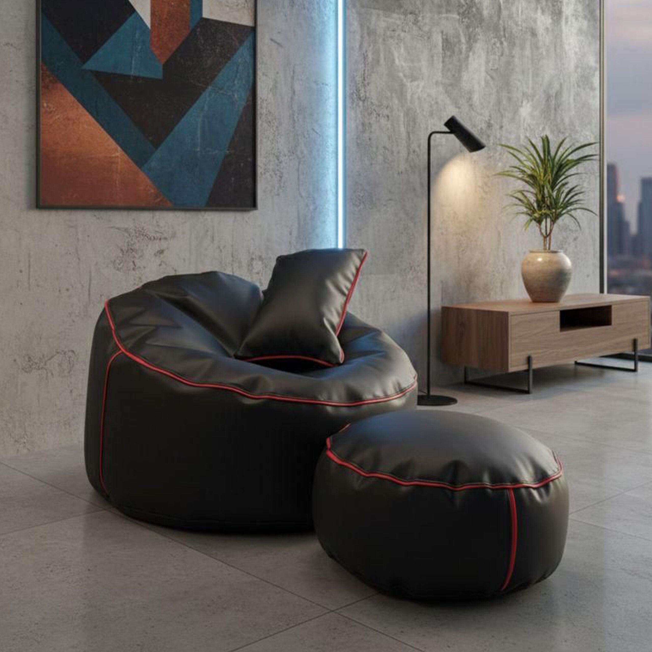 Faux Leather Giant Roll 3pcs Combo Bean Bag – Black