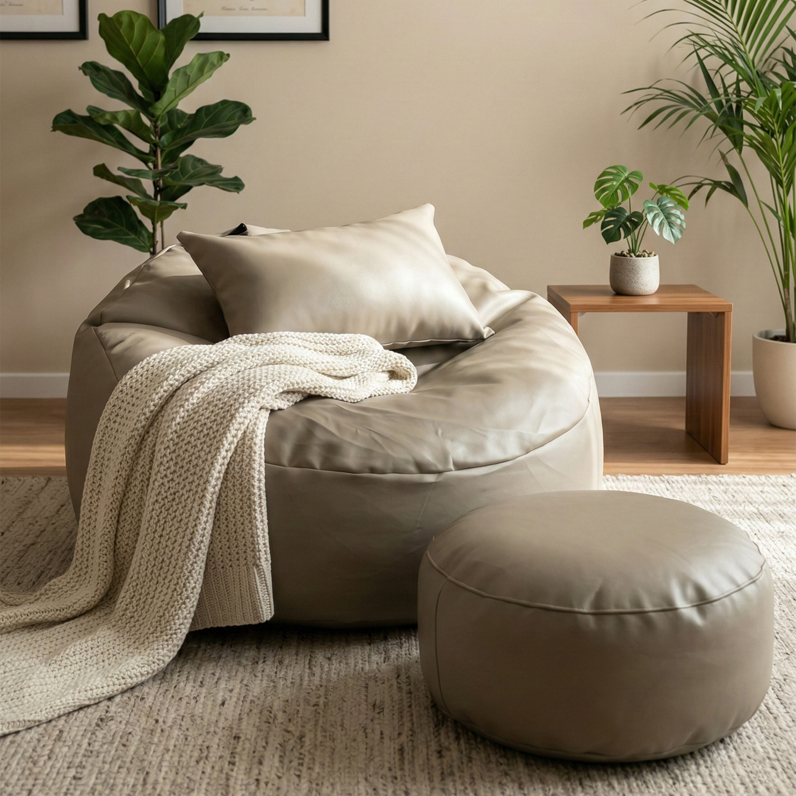 Faux Leather Giant Roll 3pcs Combo Bean Bag – Off White