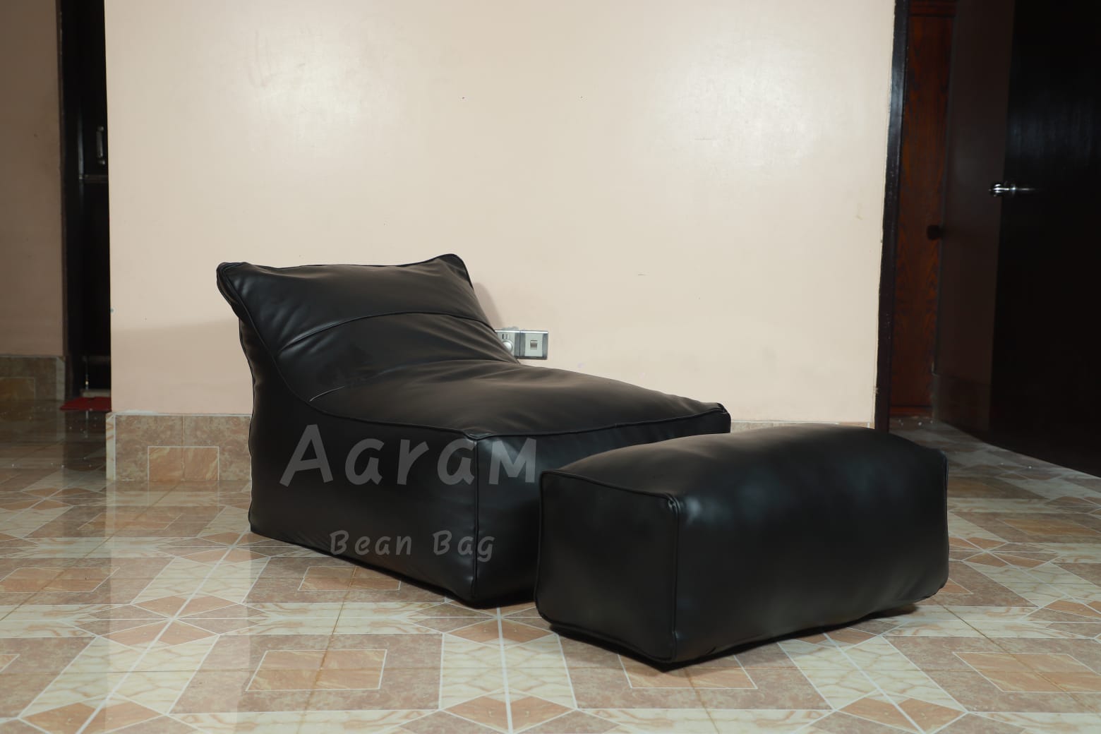 Faux Leather Lounge Chair Bean Bag with Footrest – Black