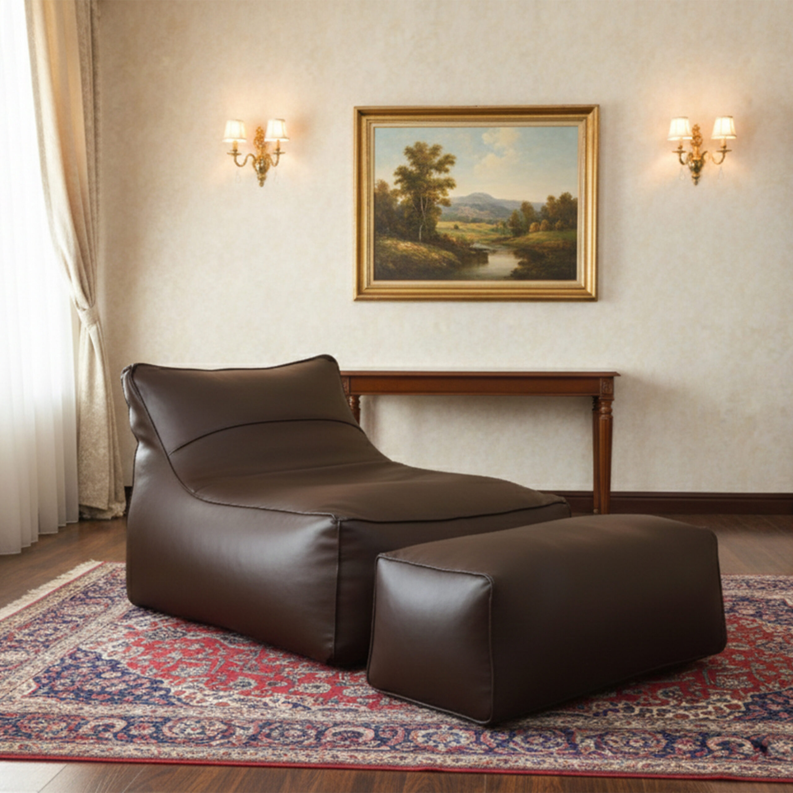 Faux Leather Lounge Chair Bean Bag with Footrest – Brown