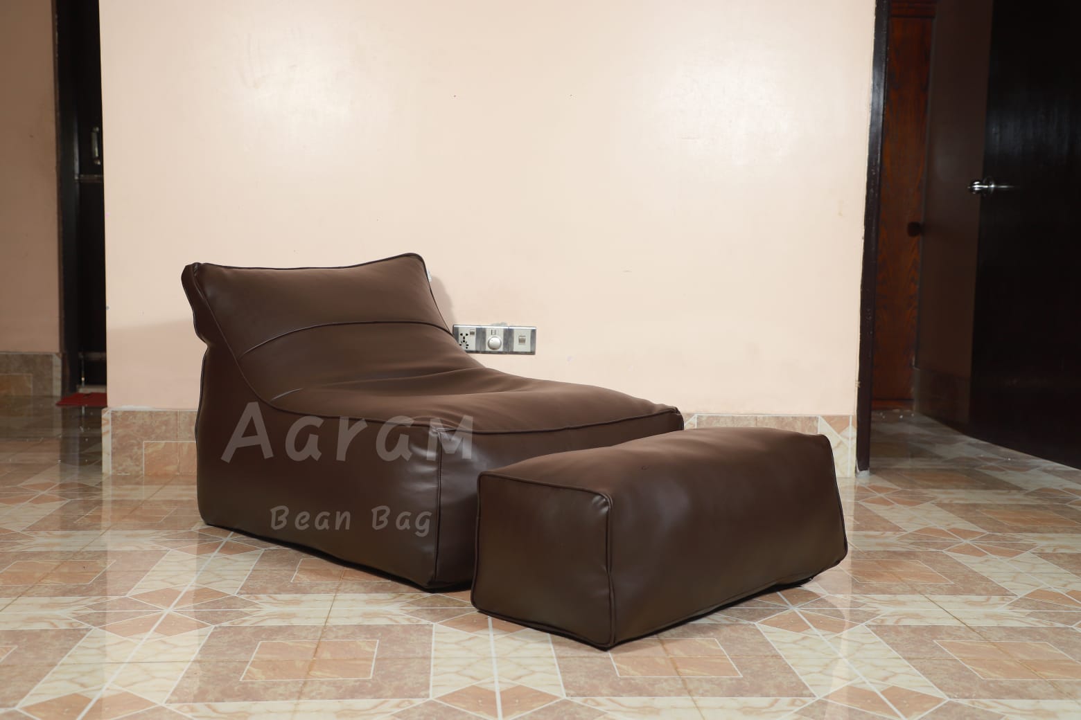 Faux Leather Lounge Chair Bean Bag with Footrest – Brown