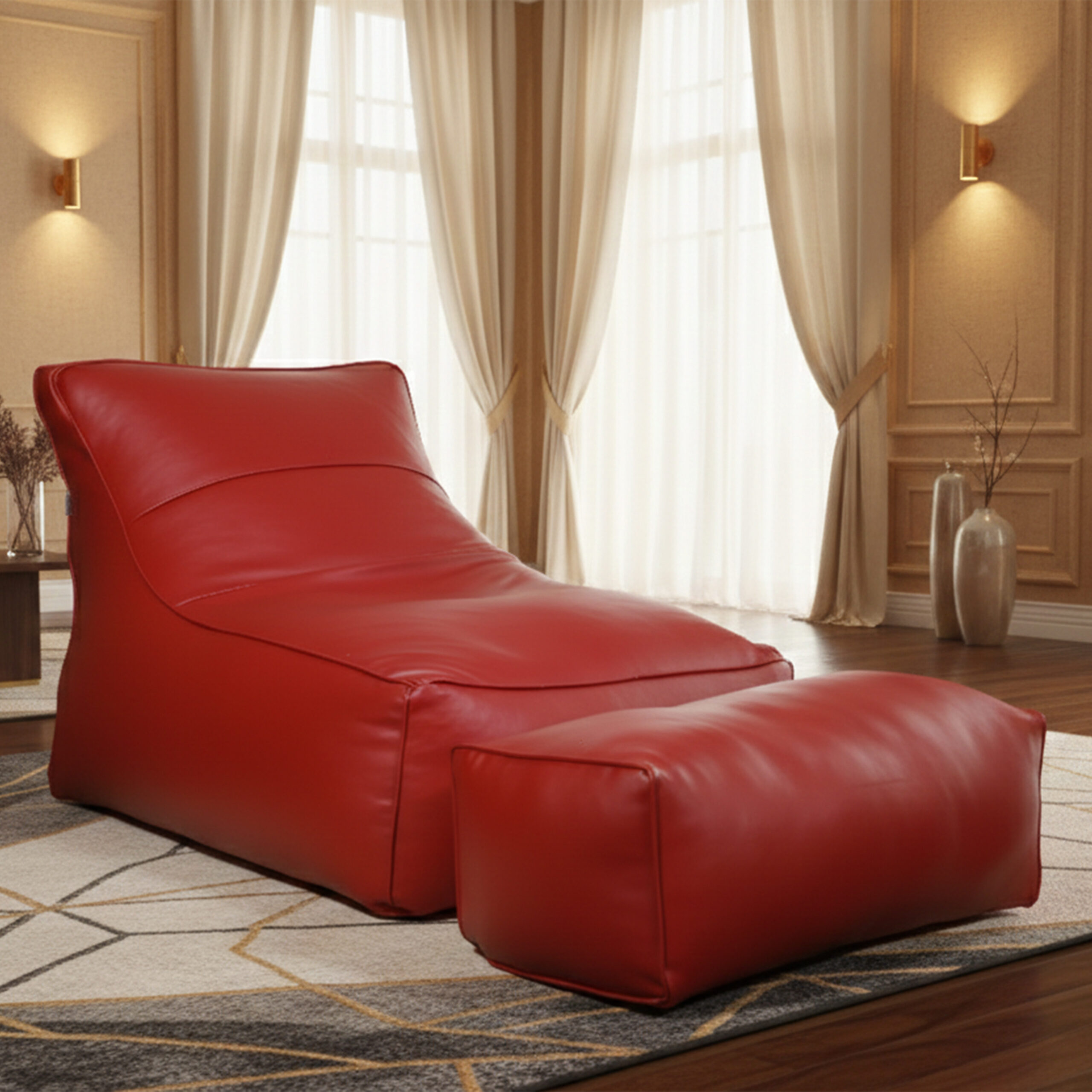 Faux Leather Lounge Chair Bean Bag with Footrest – Maroon