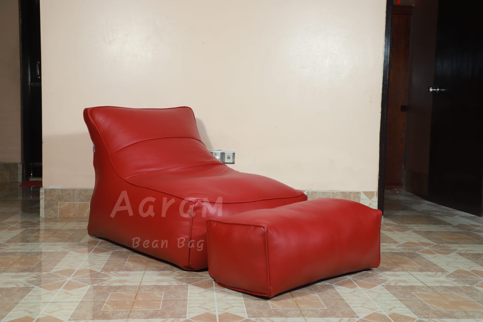 Faux Leather Lounge Chair Bean Bag with Footrest – Maroon
