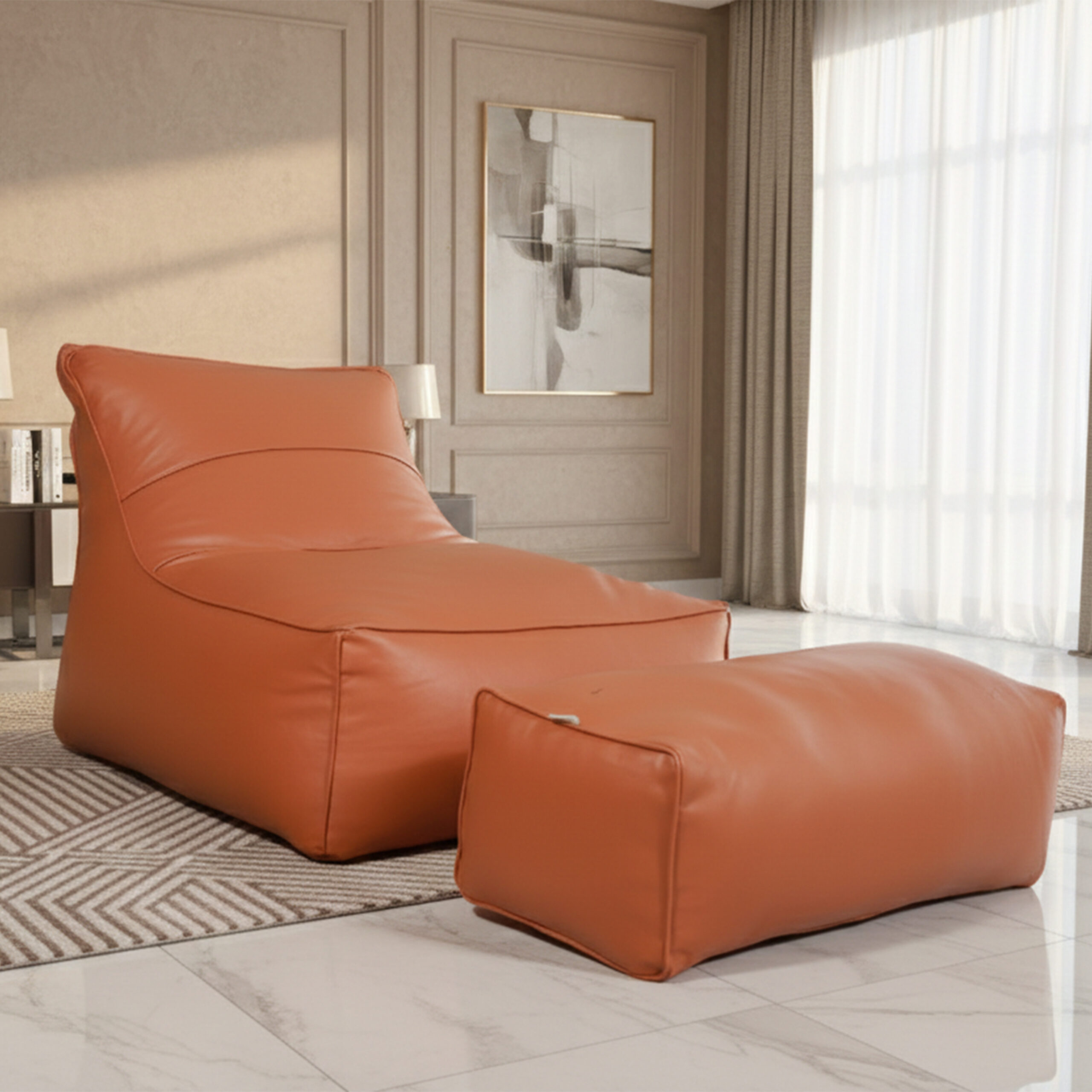 Faux Leather Lounge Chair Bean Bag with Footrest – Varnish