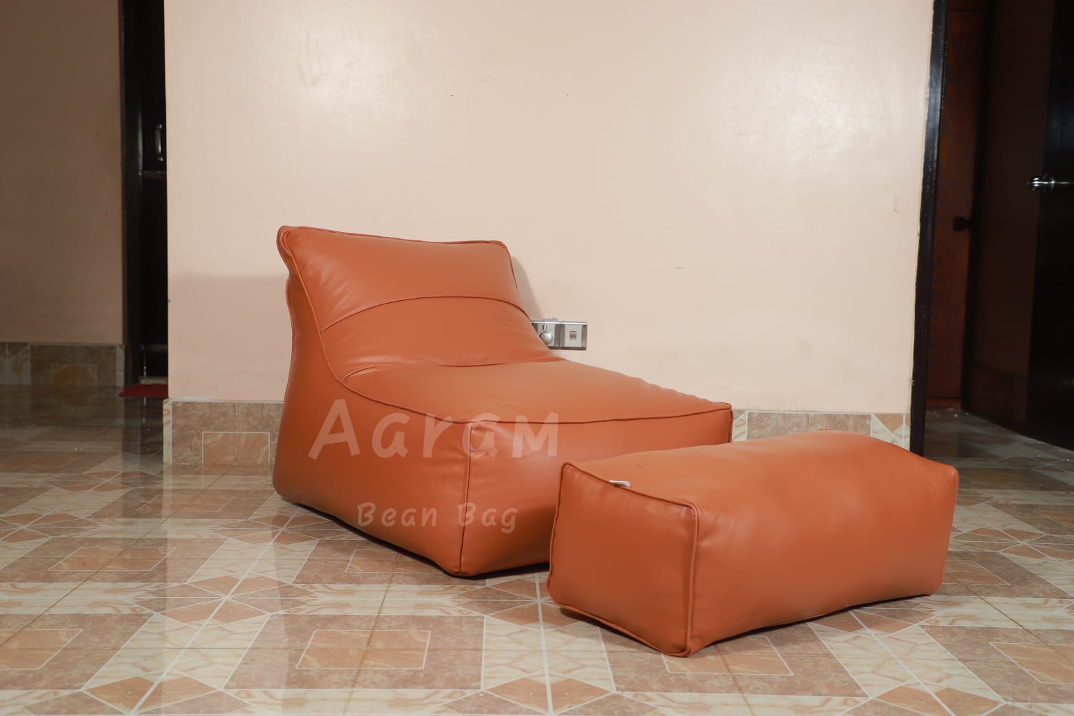Faux Leather Lounge Chair Bean Bag with Footrest – Varnish