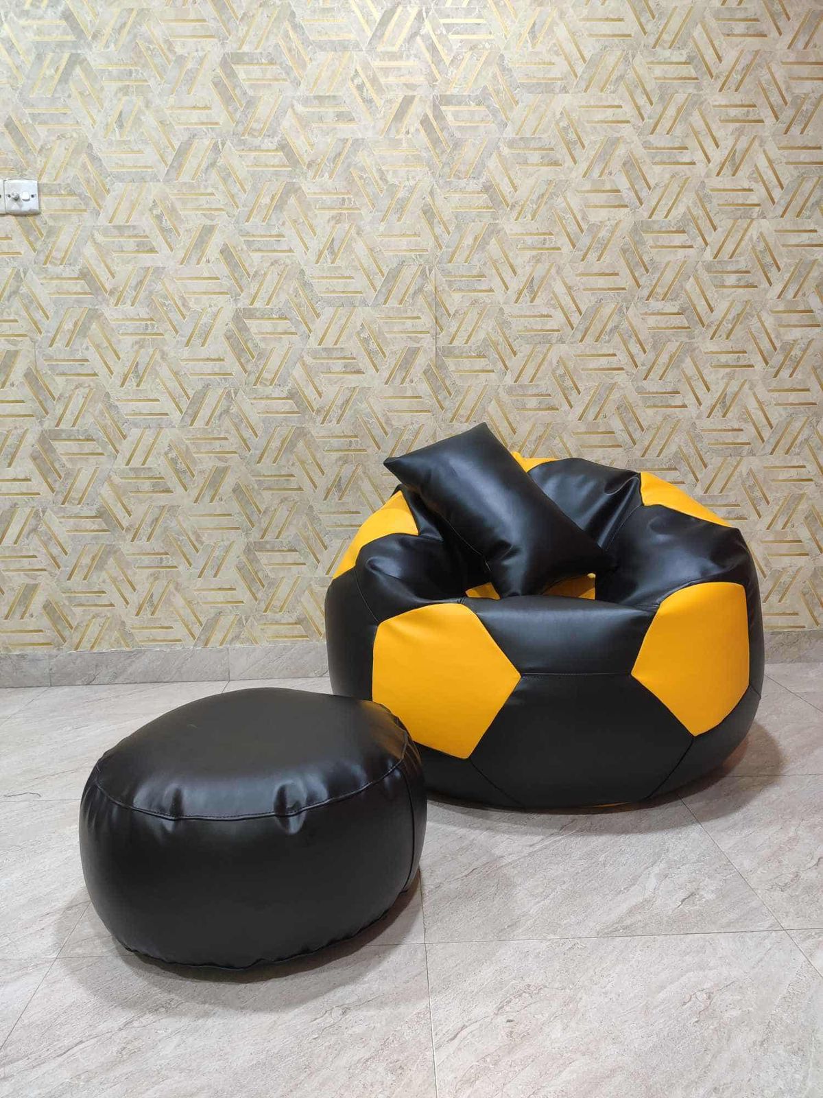 Faux Leather XxL Football Shape 3pcs Combo Bean Bag-Black/Yellow