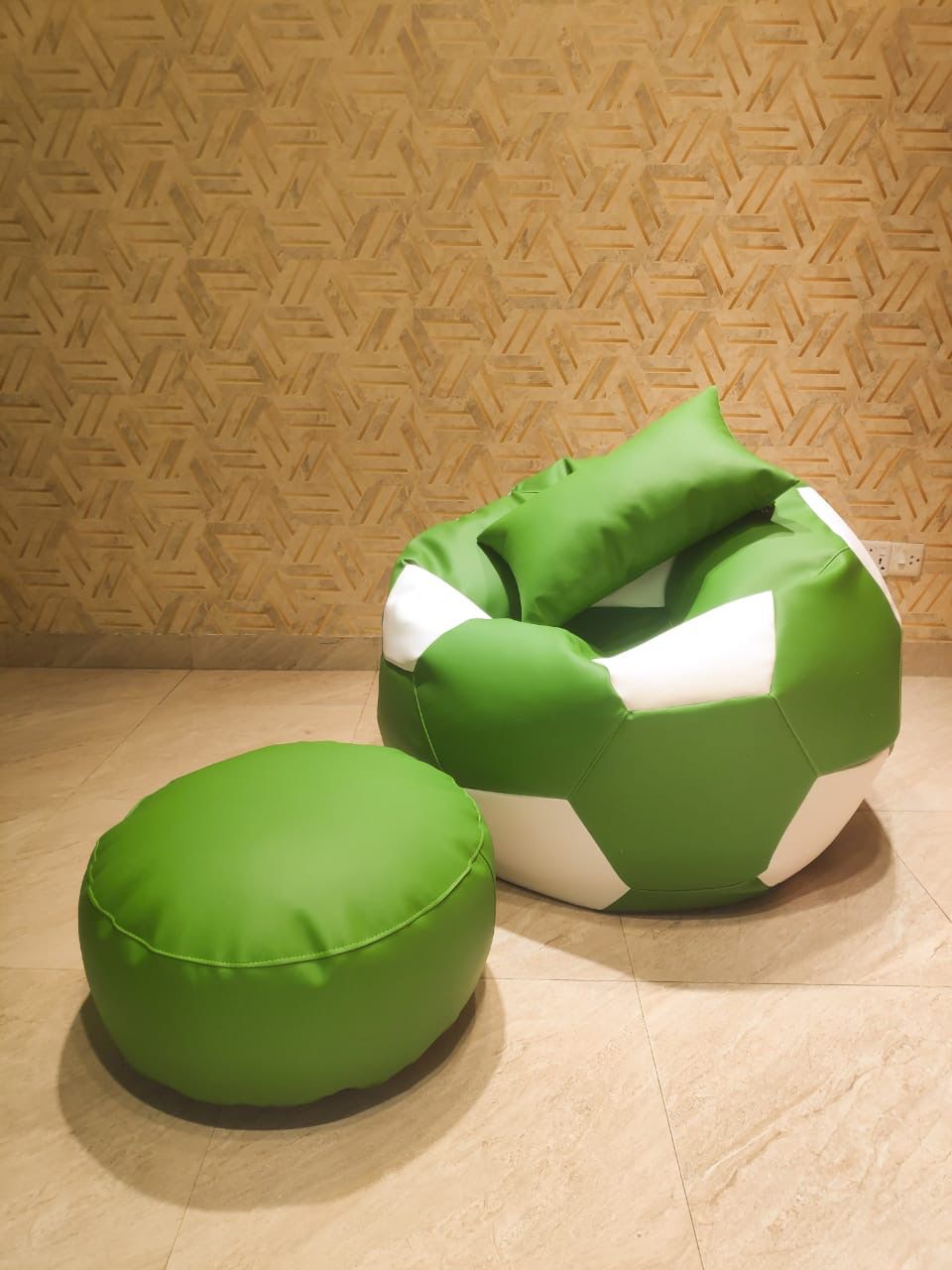 Faux Leather XxL Football Shape 3pcs Combo Bean Bag-Green/White