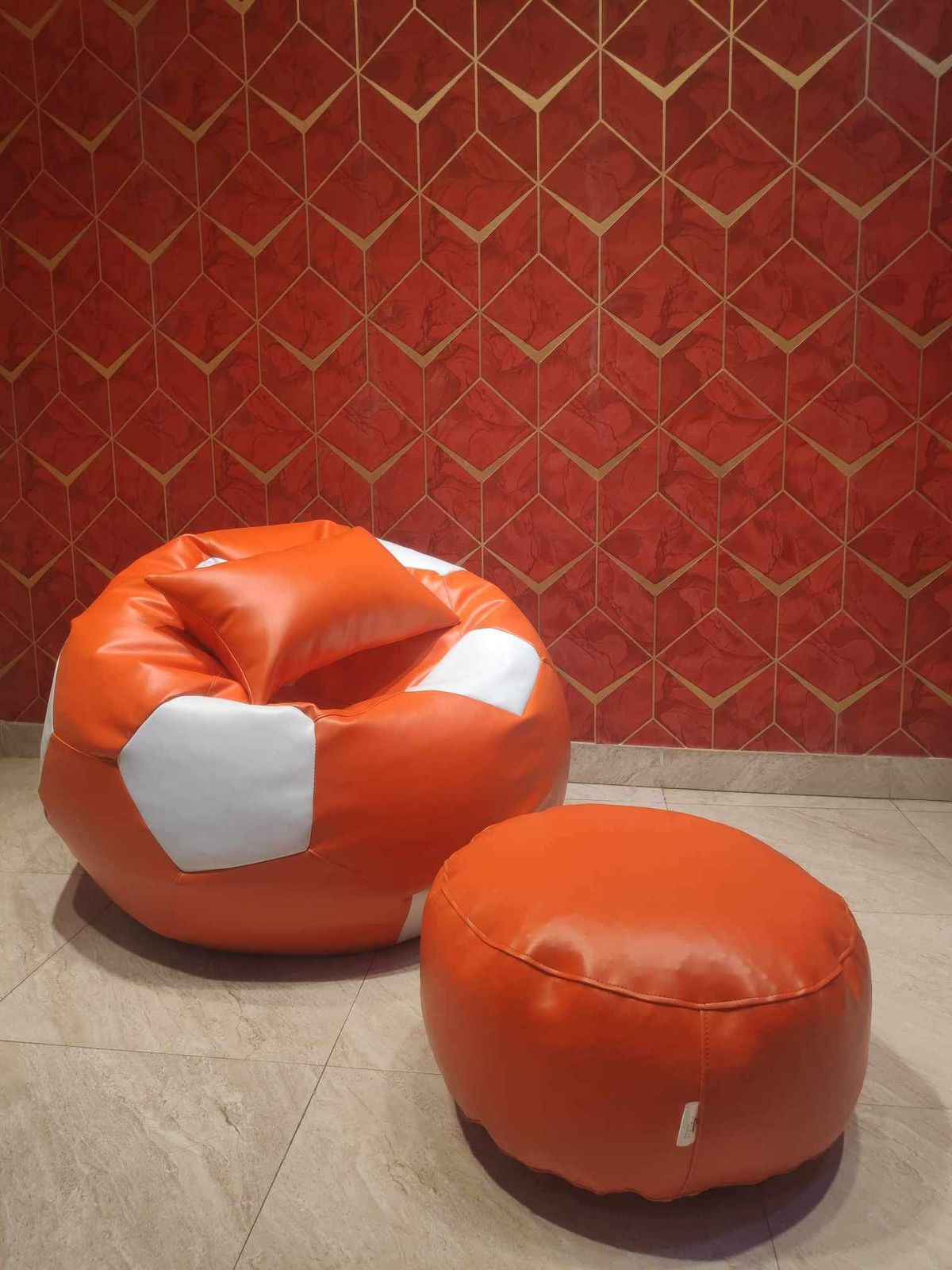 Faux Leather XxL Football Shape 3pcs Combo Bean Bag-Orange/White