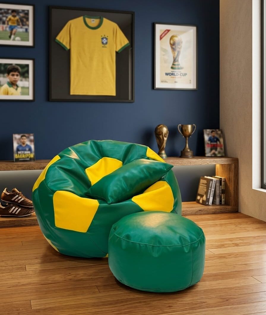 Faux Leather XxL Football Shape 3pcs Combo Bean Bag World Cup Edition- Green/Yellow (Brazil) - Relaxo Bean Bag Bangladesh Faux Leather XxL Football Shape 3pcs Combo Bean Bag World Cup Edition- Green/Yellow (Brazil) price in Bangladesh - Relaxo Bean Bag