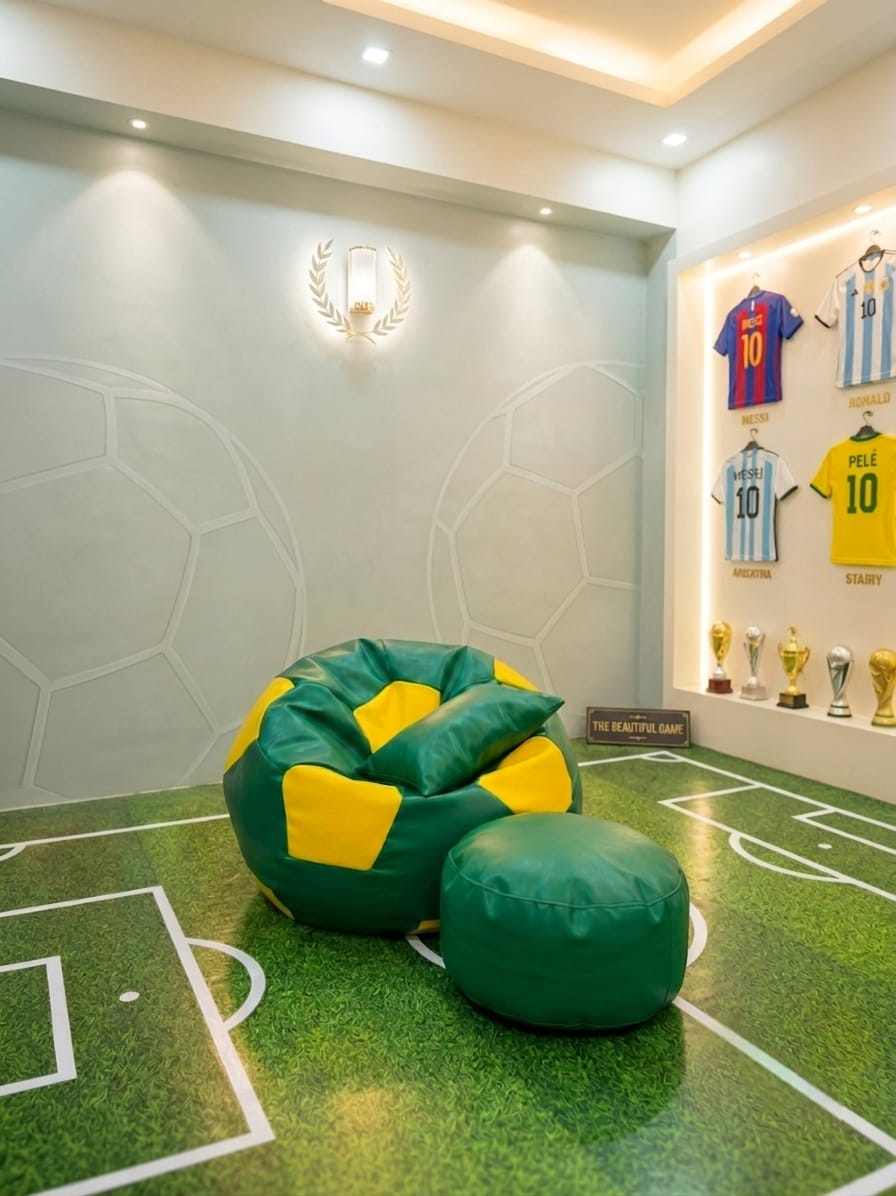 Faux Leather XxL Football Shape 3pcs Combo Bean Bag World Cup Edition- Green/Yellow (Brazil)