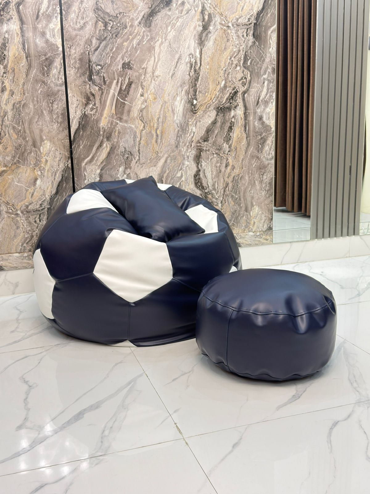 Faux Leather XxL Football Shape Bean Bag-Navy Blue/White
