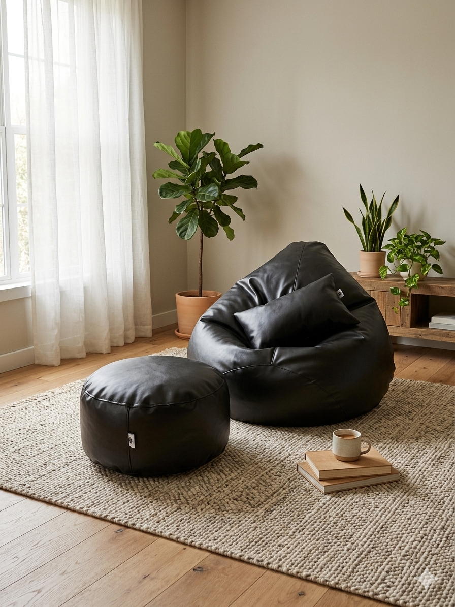 Faux Leather Xxl Pear Shape 3pcs Combo Bean Bag – Black