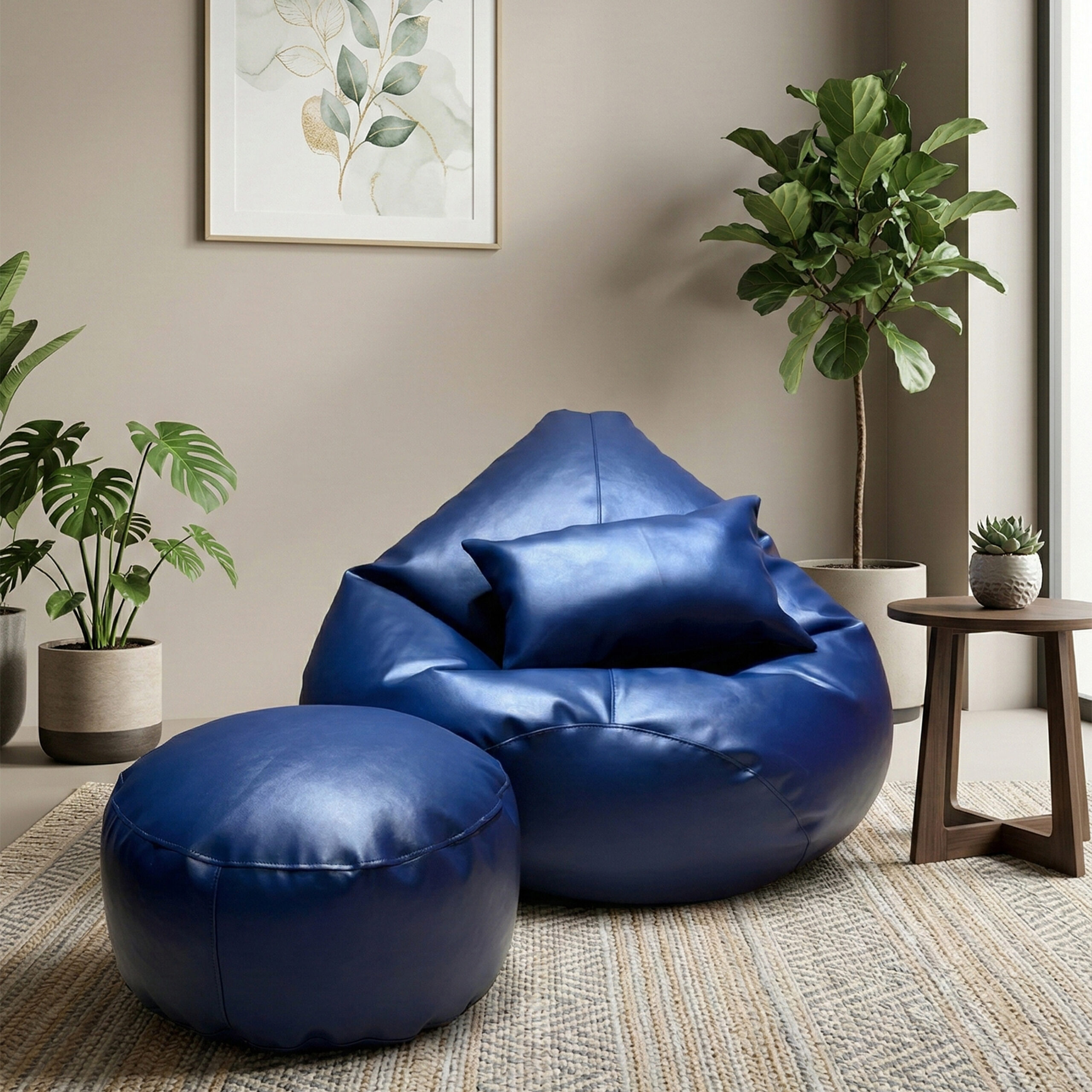 Faux Leather Xxl Pear Shape 3pcs Combo Bean Bag – Navy Blue