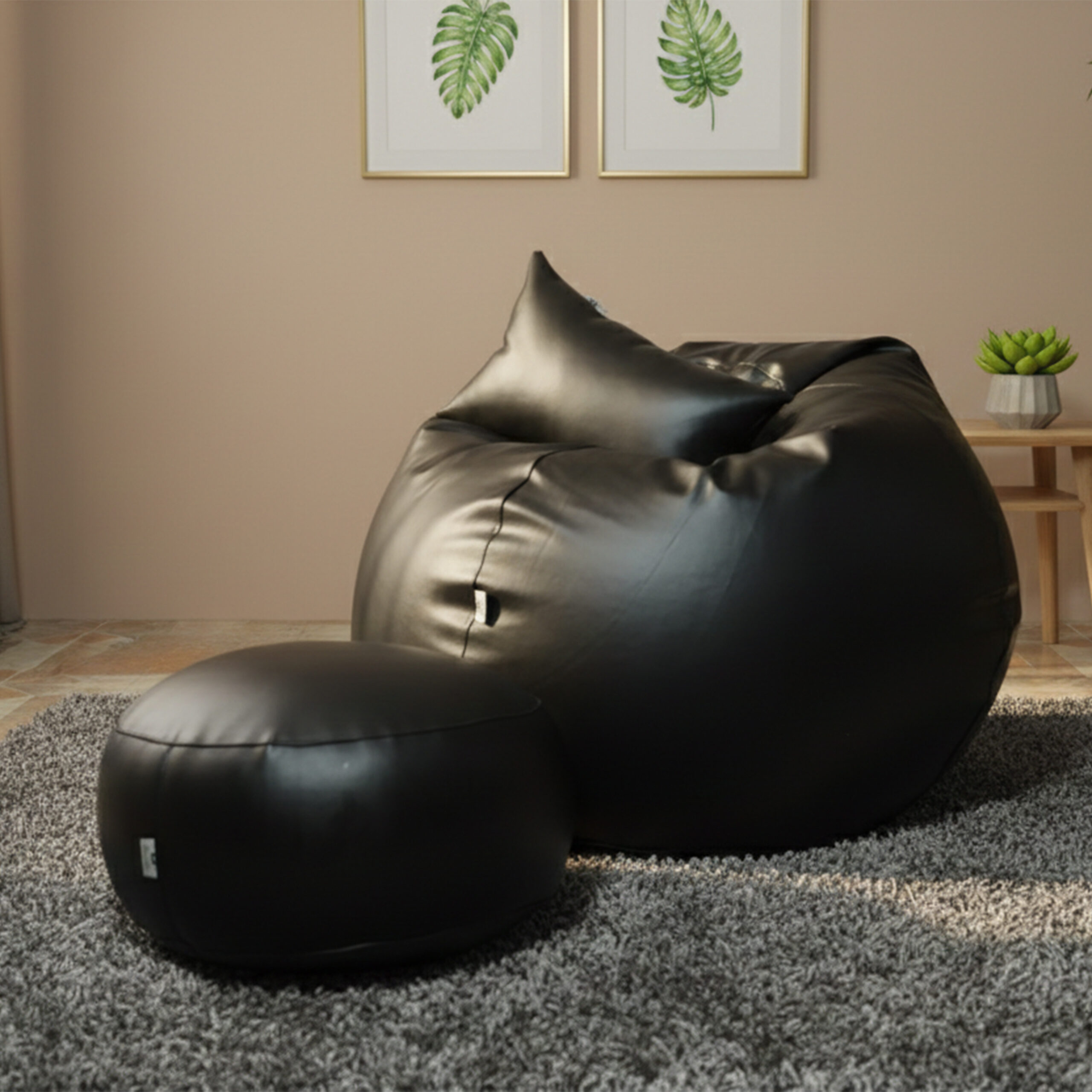 Faux Leather Xxl Pumpkin Shape 3pcs Combo Bean Bag – Black