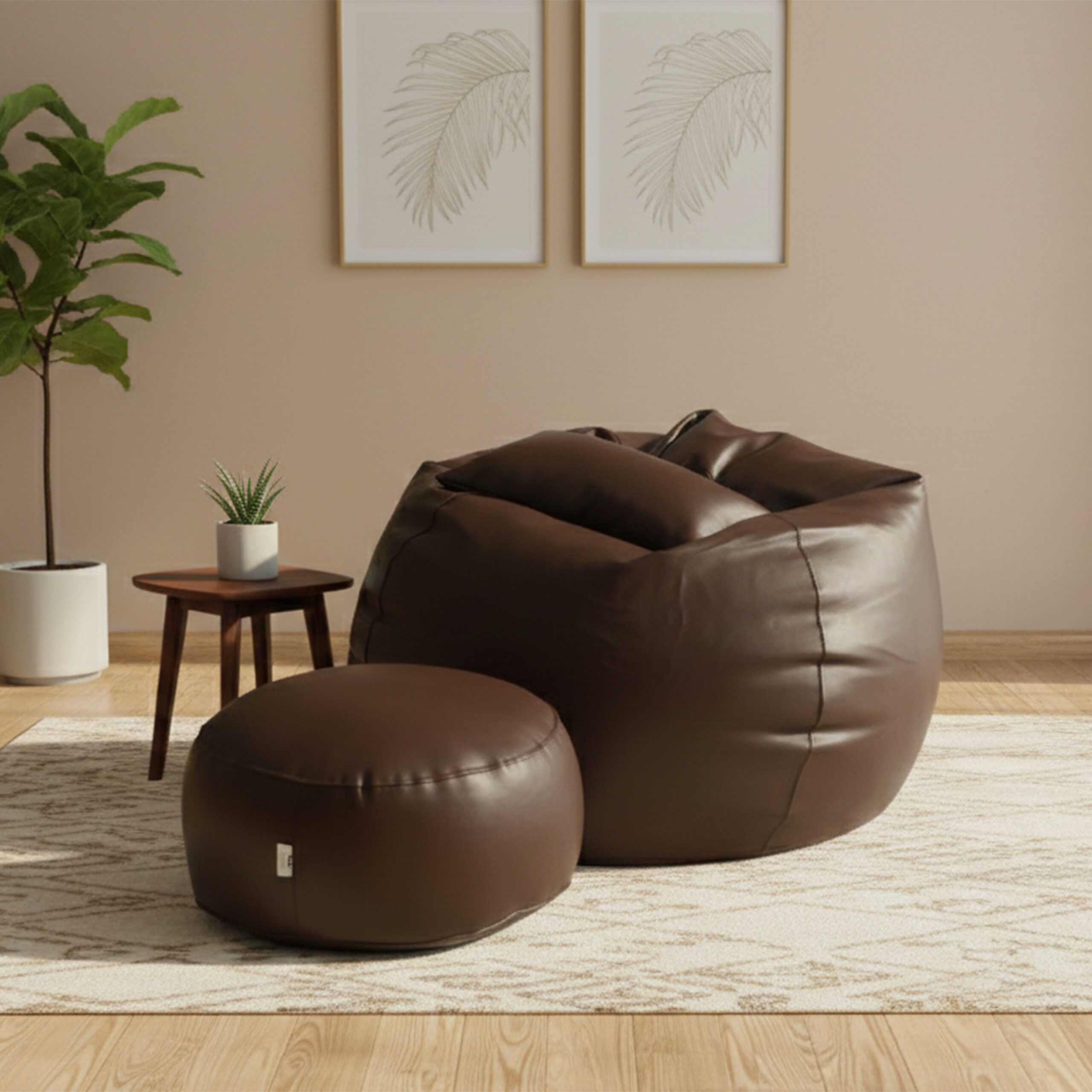 Faux Leather Xxl Pumpkin Shape 3pcs Combo Bean Bag – Brown