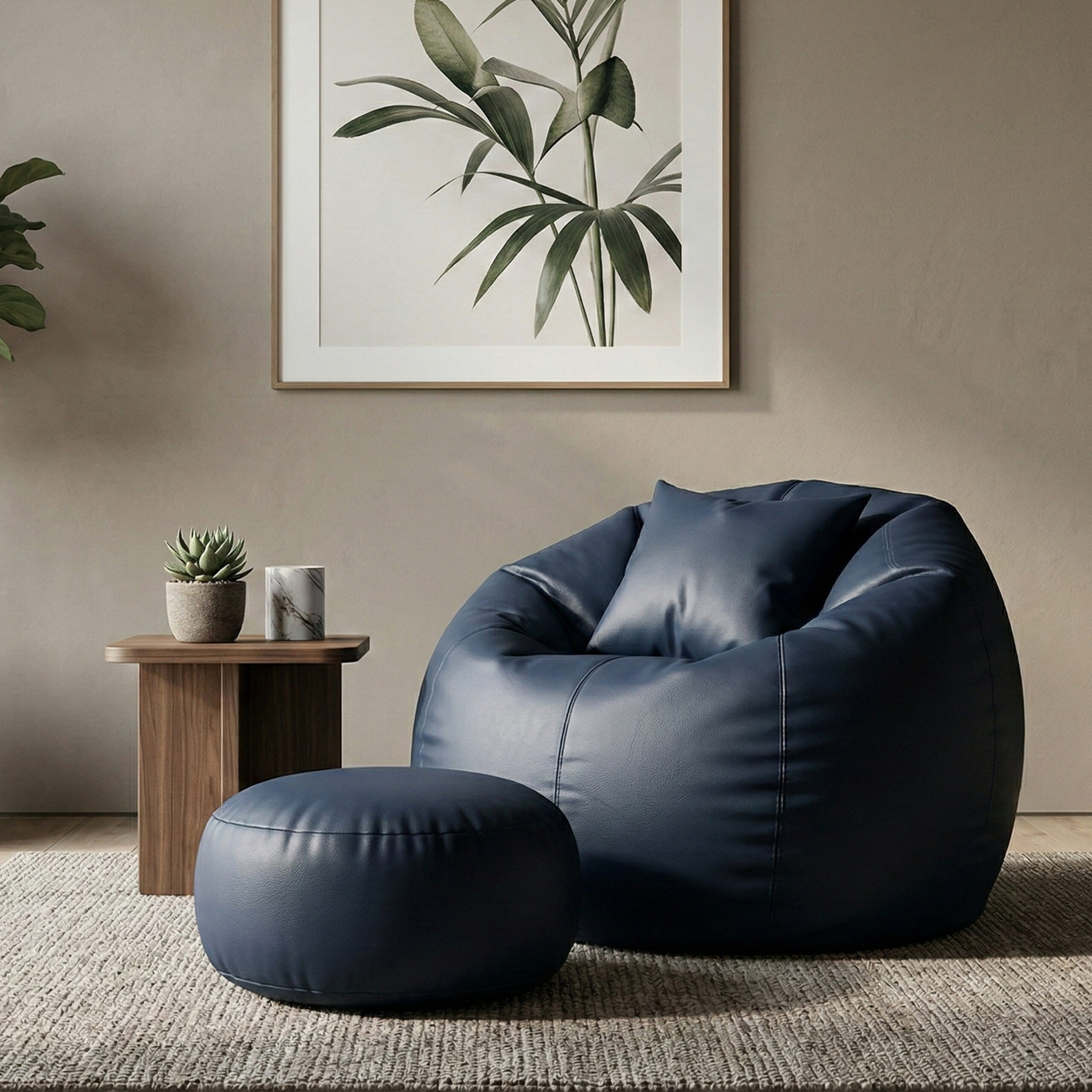 Faux Leather Xxl Pumpkin Shape 3pcs Combo Bean Bag – Navy Blue