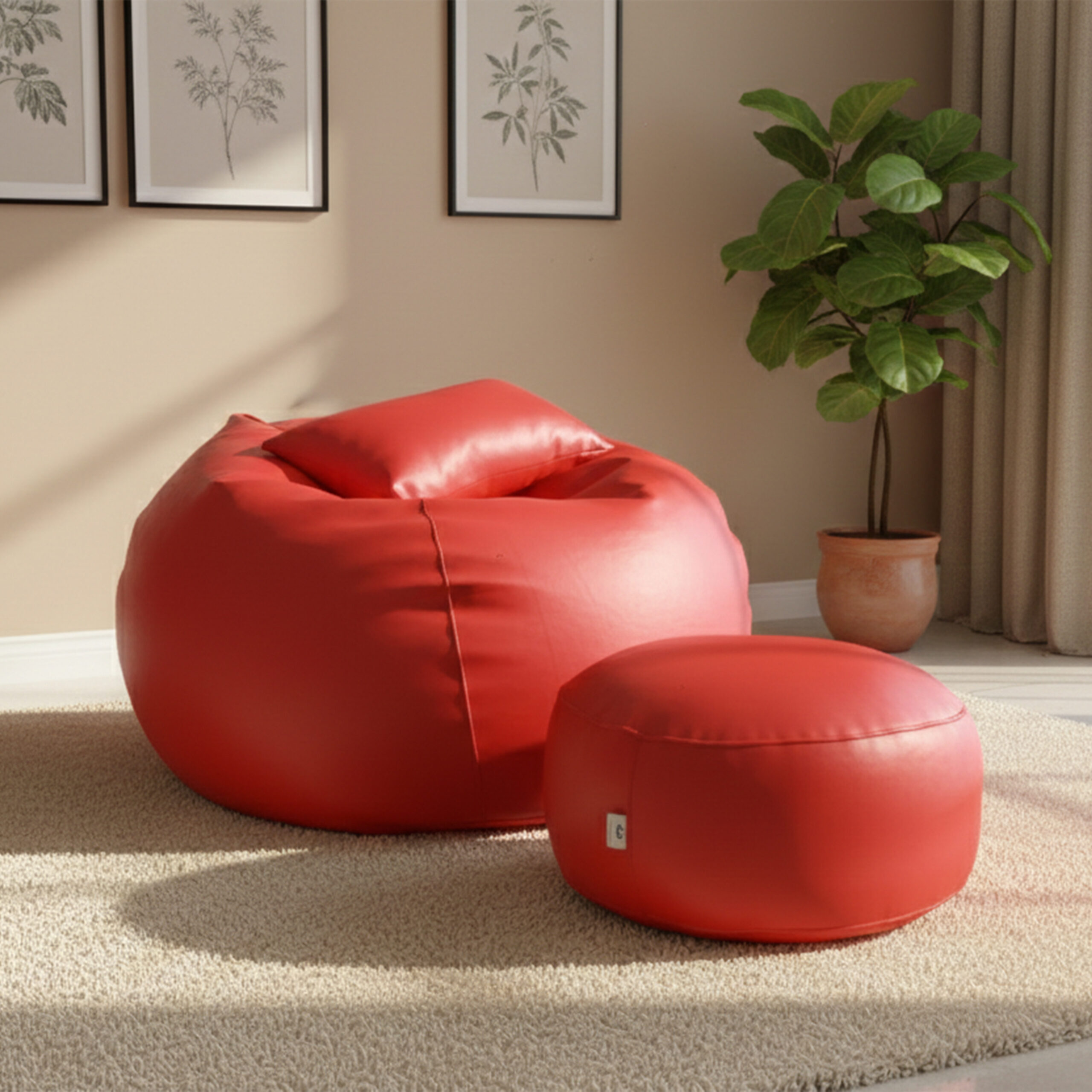 Faux Leather Xxl Pumpkin Shape 3pcs Combo Bean Bag – Red