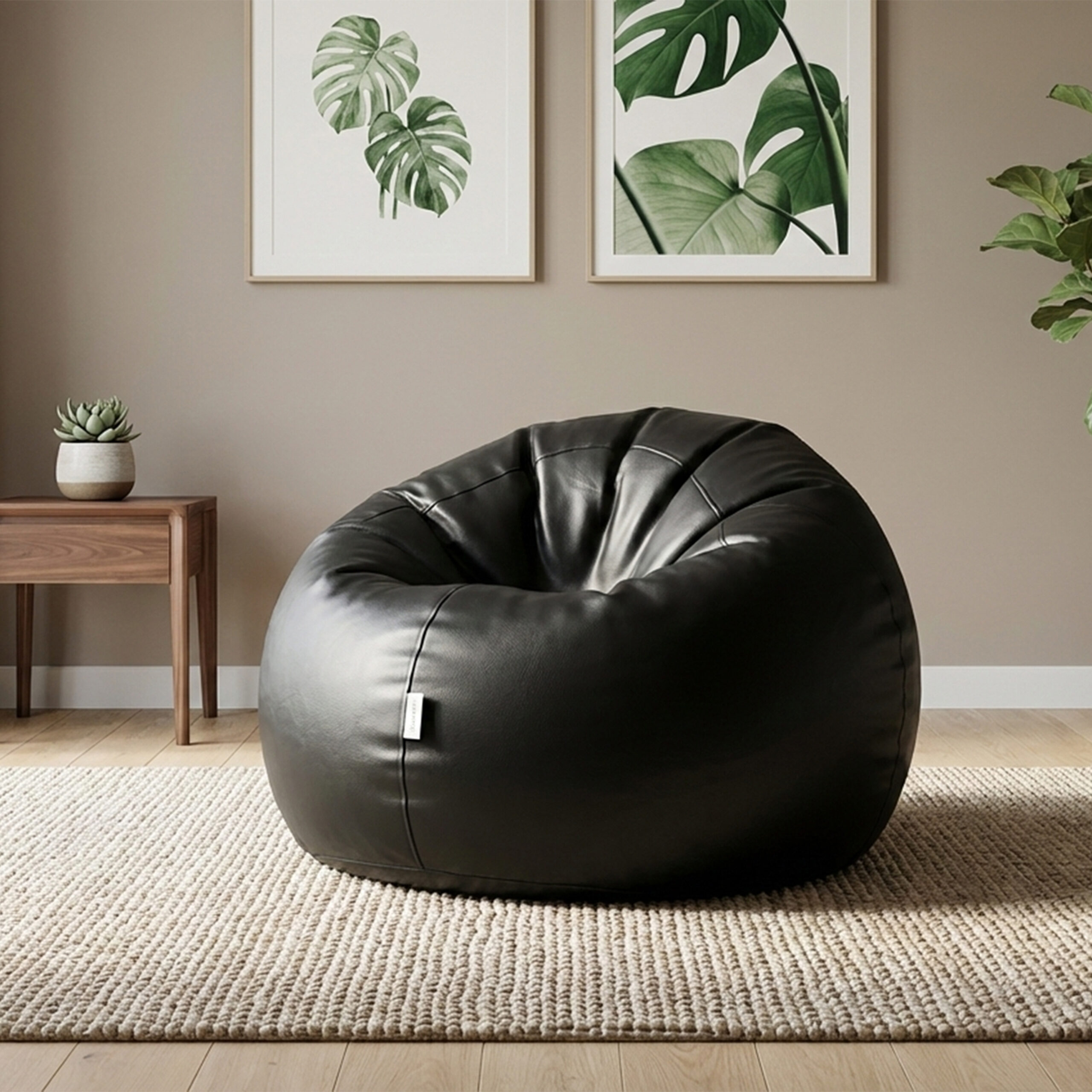 Faux Leather XxL Pumpkin Shape Single Bean Bag – Black