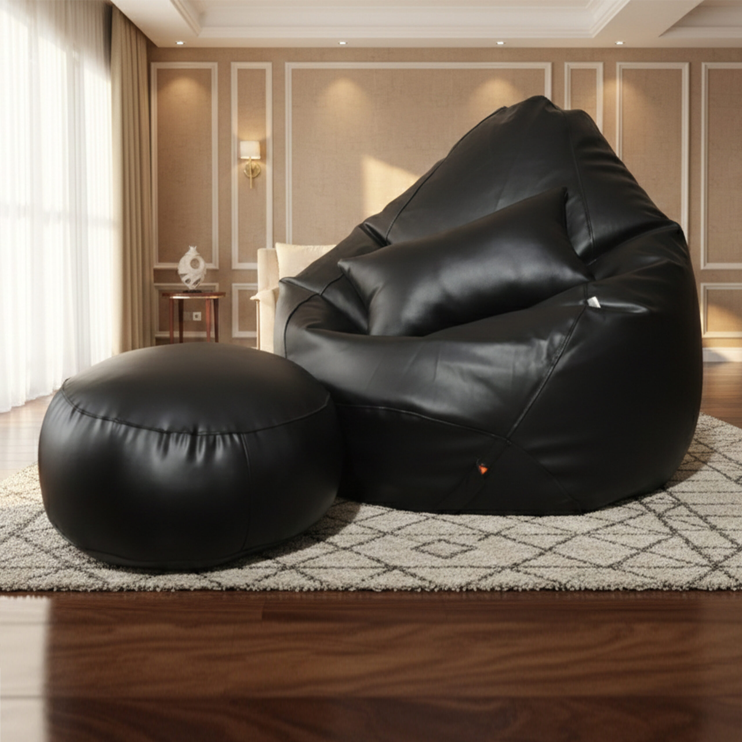 Faux Leather Xxxl Pear Shape 3pcs Combo Bean Bag – Black