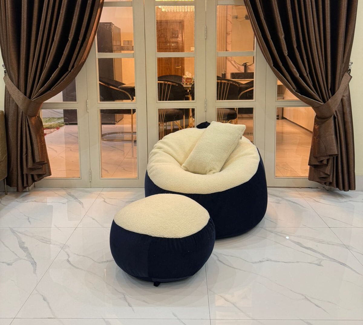Giant Roll Fabrics Xxl 3pcs Combo Bean Bag- Navy Blue/Cream
