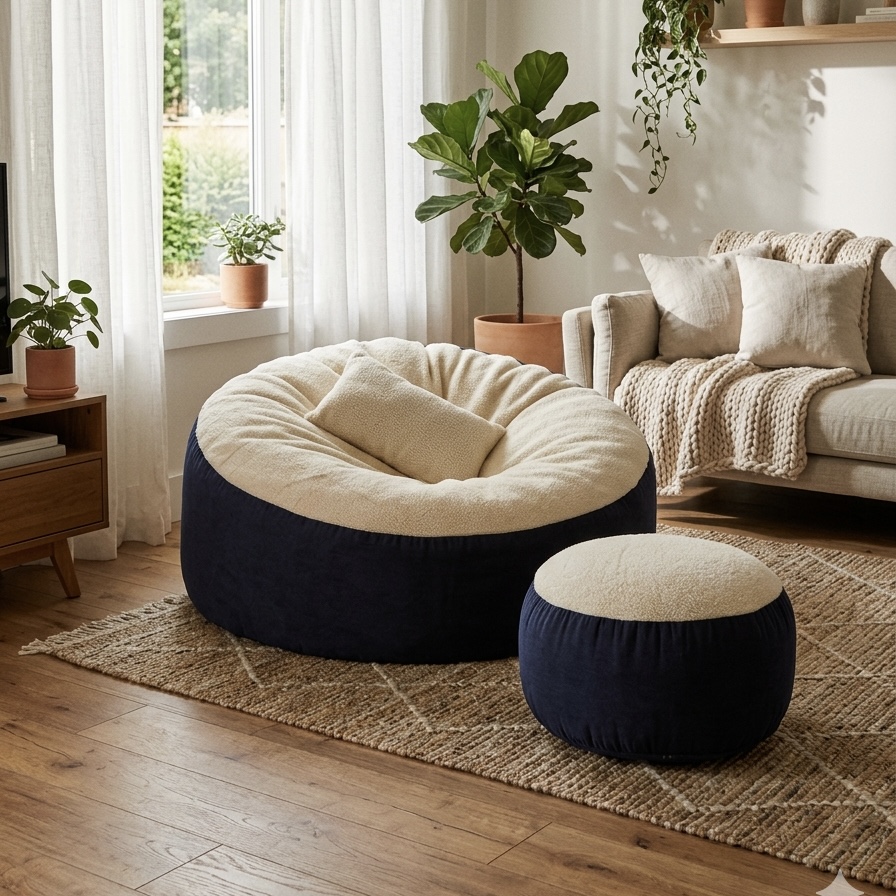 Giant Roll Fabrics Xxxl 3pcs Combo Bean Bag- Navy Blue/Cream