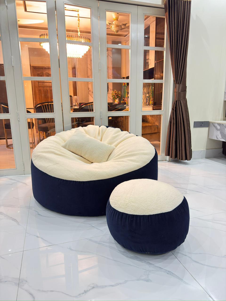Giant Roll Fabrics Xxxl 3pcs Combo Bean Bag- Navy Blue/Cream